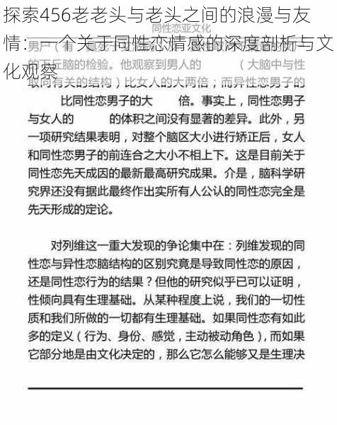 探索456老老头与老头之间的浪漫与友情：一个关于同性恋情感的深度剖析与文化观察