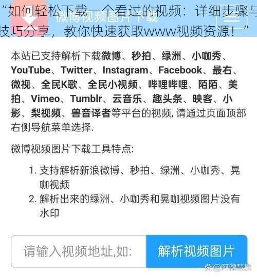 “如何轻松下载一个看过的视频：详细步骤与技巧分享，教你快速获取www视频资源！”