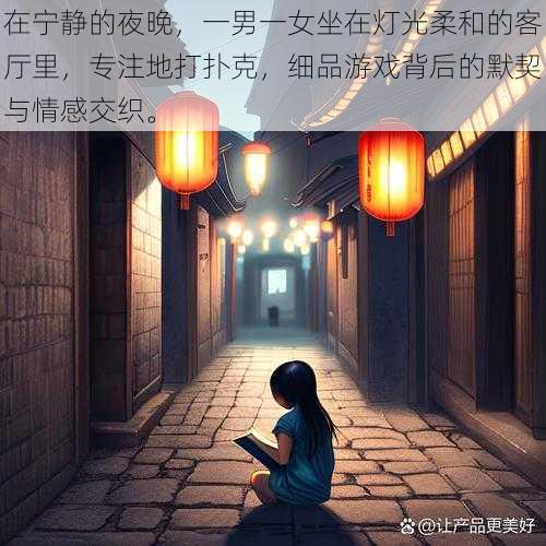 在宁静的夜晚，一男一女坐在灯光柔和的客厅里，专注地打扑克，细品游戏背后的默契与情感交织。