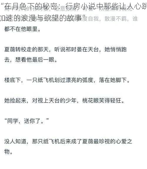 “在月色下的秘密：行房小说中那些让人心跳加速的浪漫与欲望的故事”