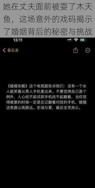 她在丈夫面前被耍了木天鱼，这场意外的戏码揭示了婚姻背后的秘密与挑战