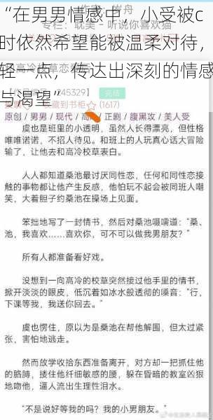 “在男男情感中，小受被c时依然希望能被温柔对待，轻一点，传达出深刻的情感与渴望”