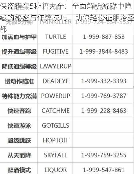 侠盗猎车5秘籍大全：全面解析游戏中隐藏的秘密与作弊技巧，助你轻松征服洛圣都