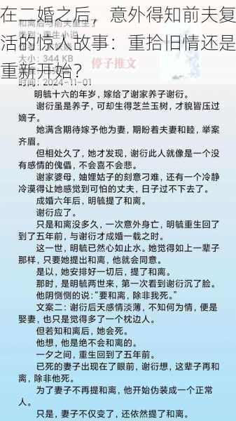 在二婚之后，意外得知前夫复活的惊人故事：重拾旧情还是重新开始？