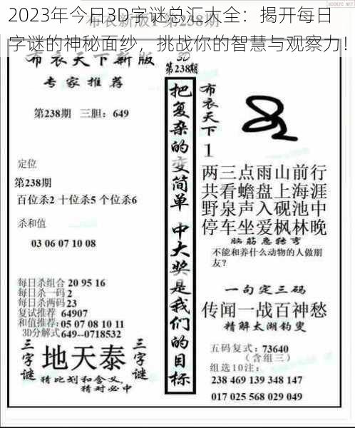 2023年今日3D字谜总汇大全：揭开每日字谜的神秘面纱，挑战你的智慧与观察力！