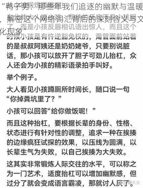 “鸭子男：那些年我们追逐的幽默与温暖，解密这个网络词汇背后的深刻含义与文化现象”