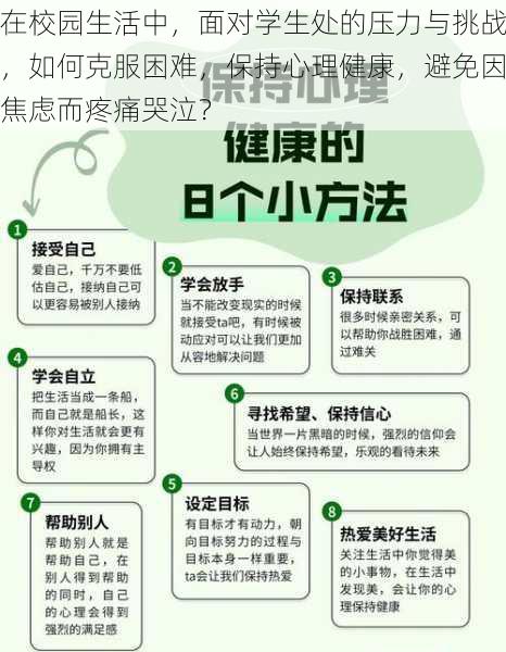 在校园生活中，面对学生处的压力与挑战，如何克服困难，保持心理健康，避免因焦虑而疼痛哭泣？