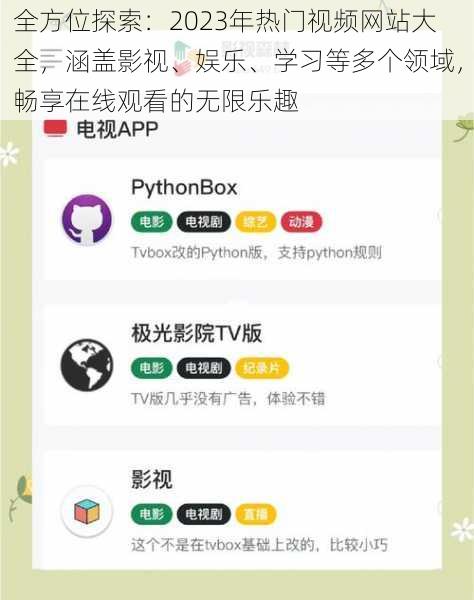 全方位探索：2023年热门视频网站大全，涵盖影视、娱乐、学习等多个领域，畅享在线观看的无限乐趣