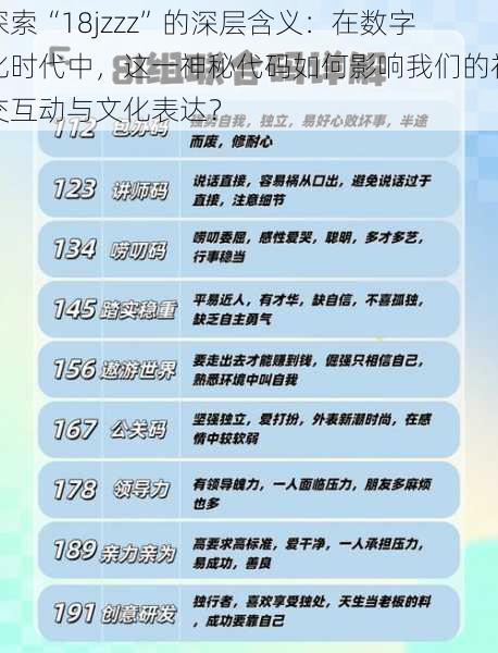 探索“18jzzz”的深层含义:在数字化时代中,这一神秘代码如何影响我们的社交互动与文化表达?