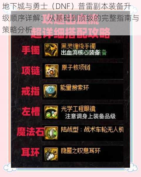 地下城与勇士(DNF)普雷副本装备升级顺序详解:从基础到顶级的完整指南与策略分析